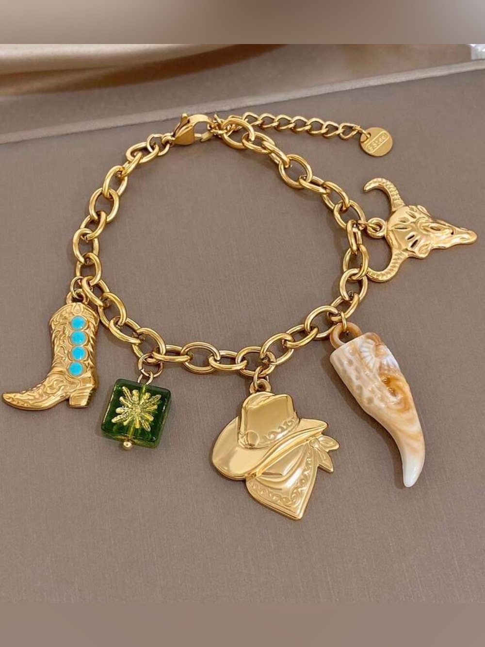 Gold Western Charm Bracelet with Turquoise and Green Accents